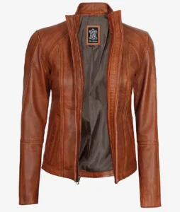 Acerra Women's Cognac Brown Cafe Racer Leather Jacket