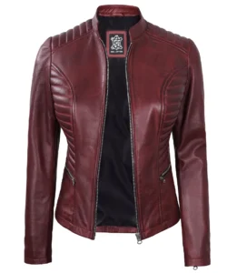 Womens Maroon Leather Cafe Racer Jacket