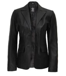 Women's Two Button Black Leather Blazer Jacket