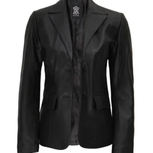 Women's Two Button Black Leather Blazer Jacket